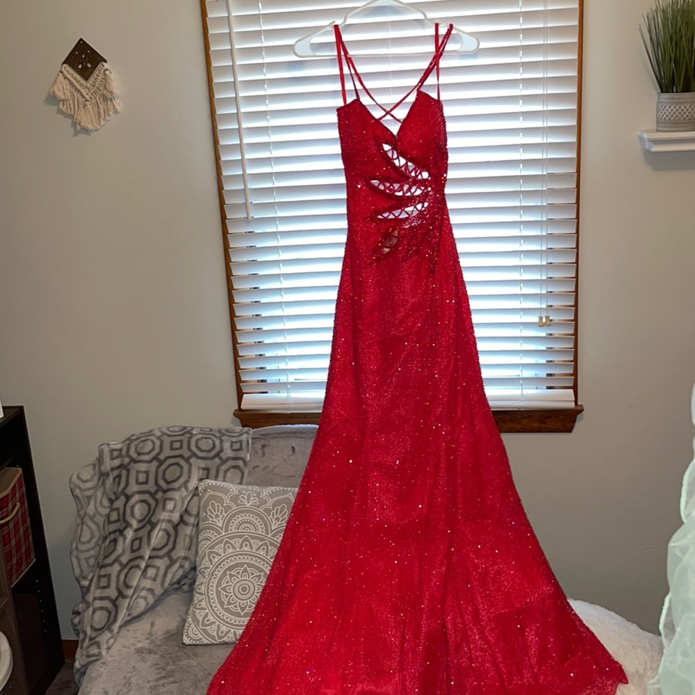 Red beaded small prom dress.